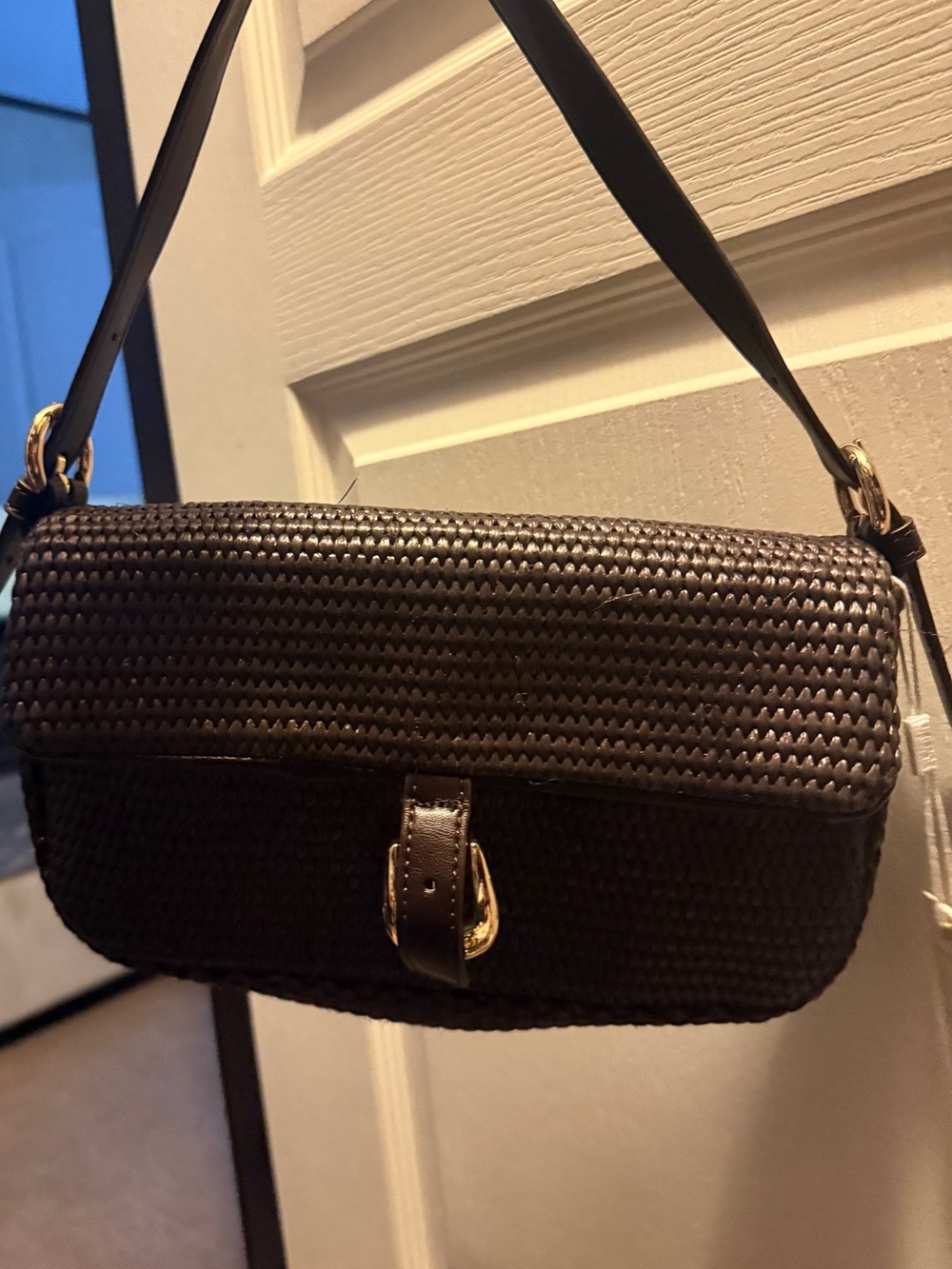 Woven Brown Shoulder Bag with Gold Buckle Accent